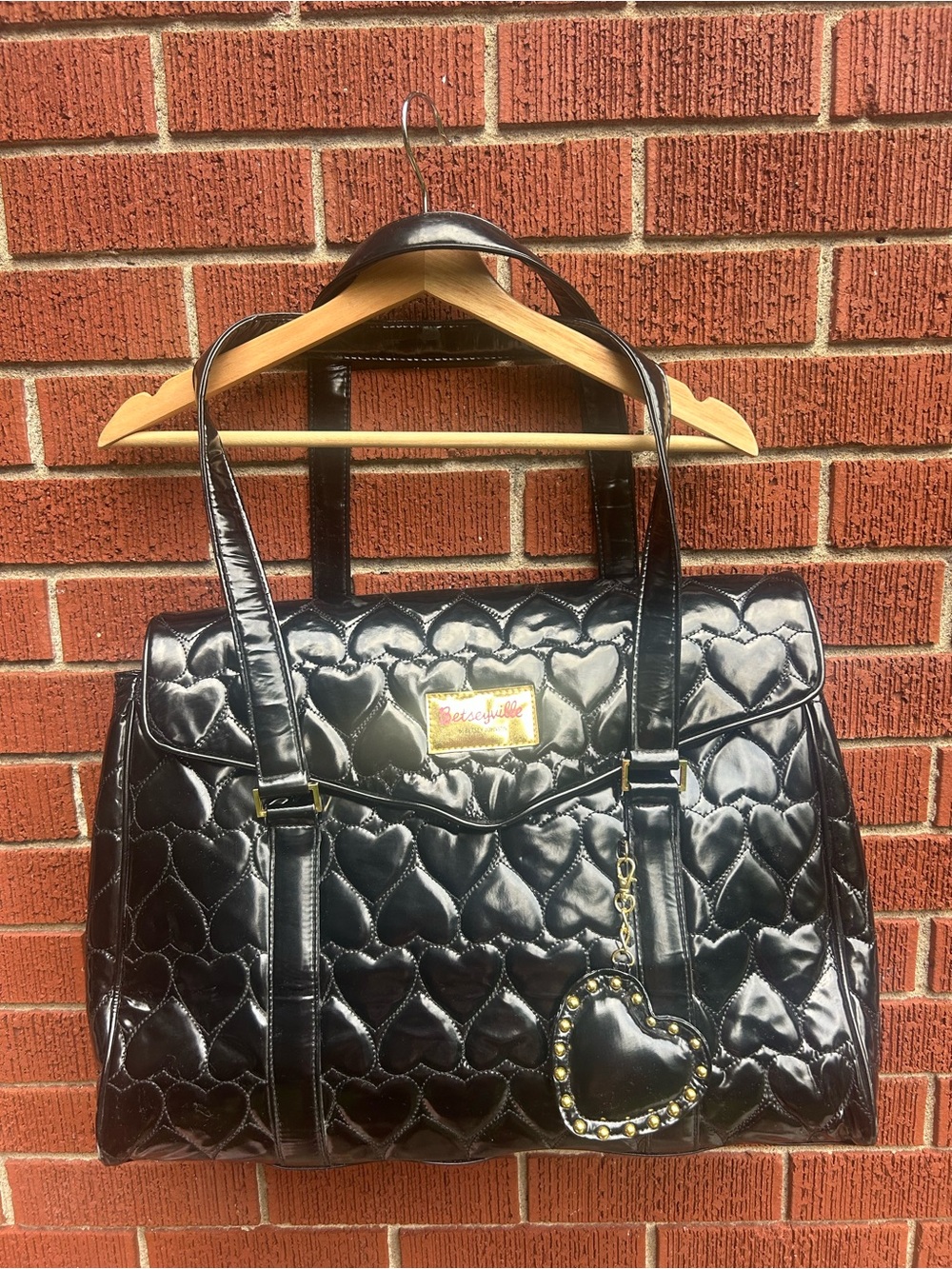Betseyville by Betsey Johnson Black Quilted Heart Patent Laptop Tote Bag Y2K